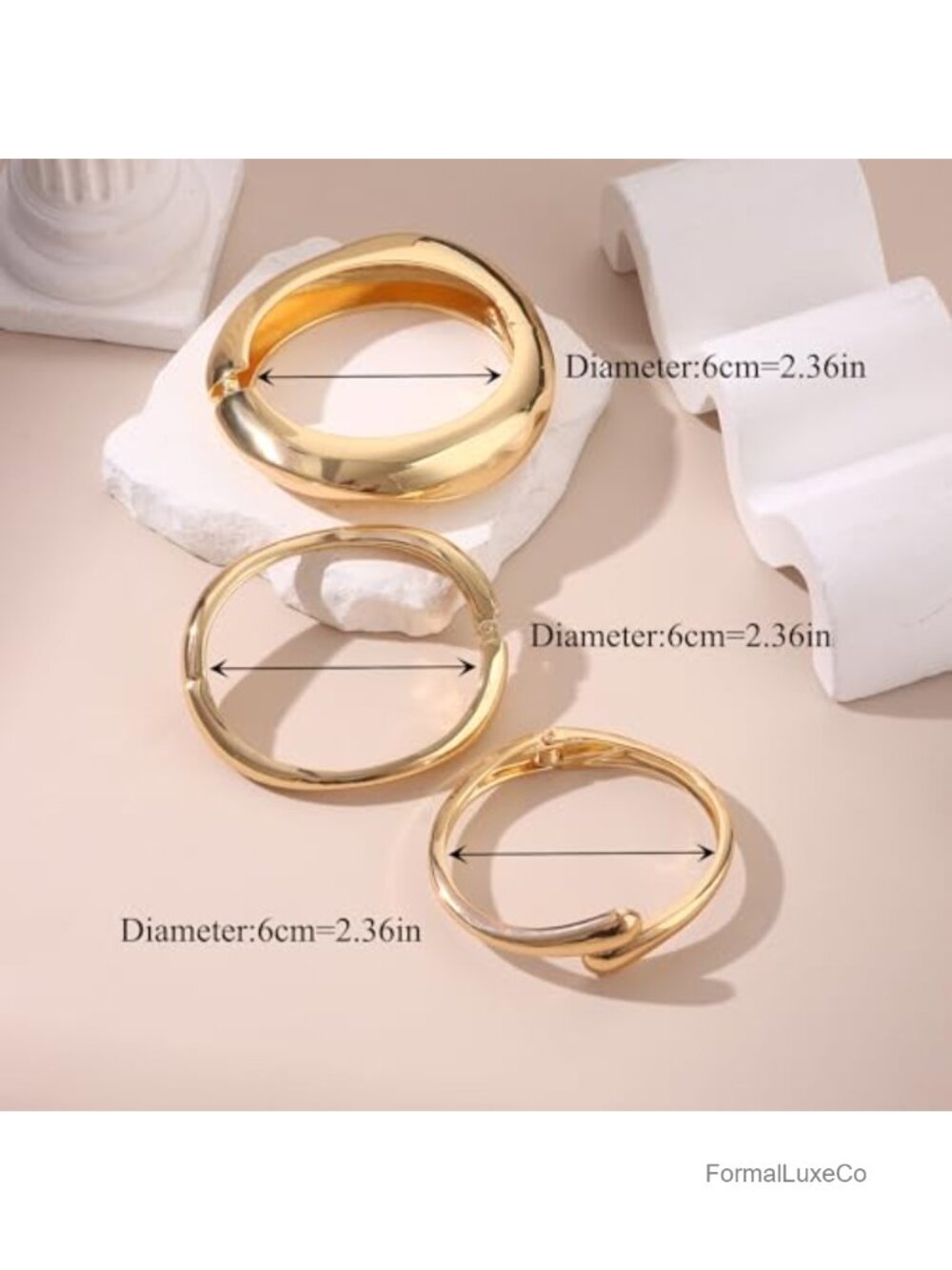 3Pcs Chunky Gold Plated Bangle Bracelets Set Stackable Cuff - Picture 5 of 6